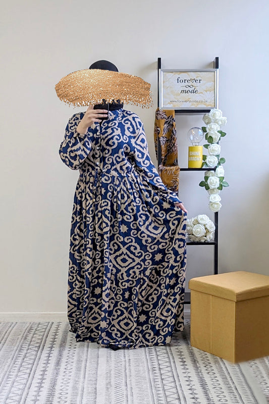 Navy Damask Print Cotton Maxi