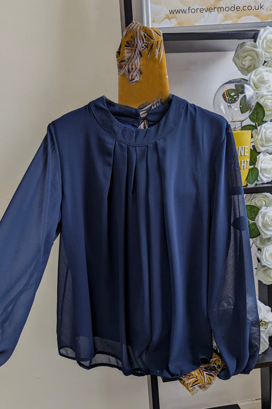 Navy Chiffon Pleated Top