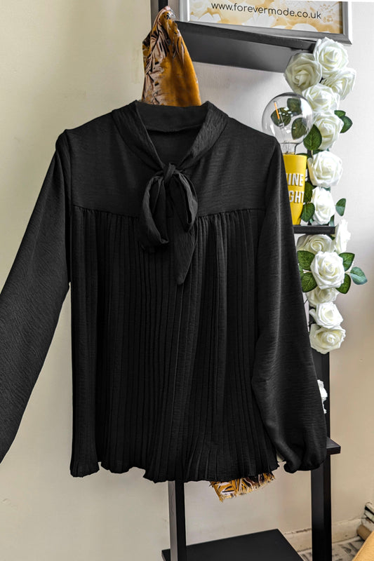 Black Bow Neck Pleated Top